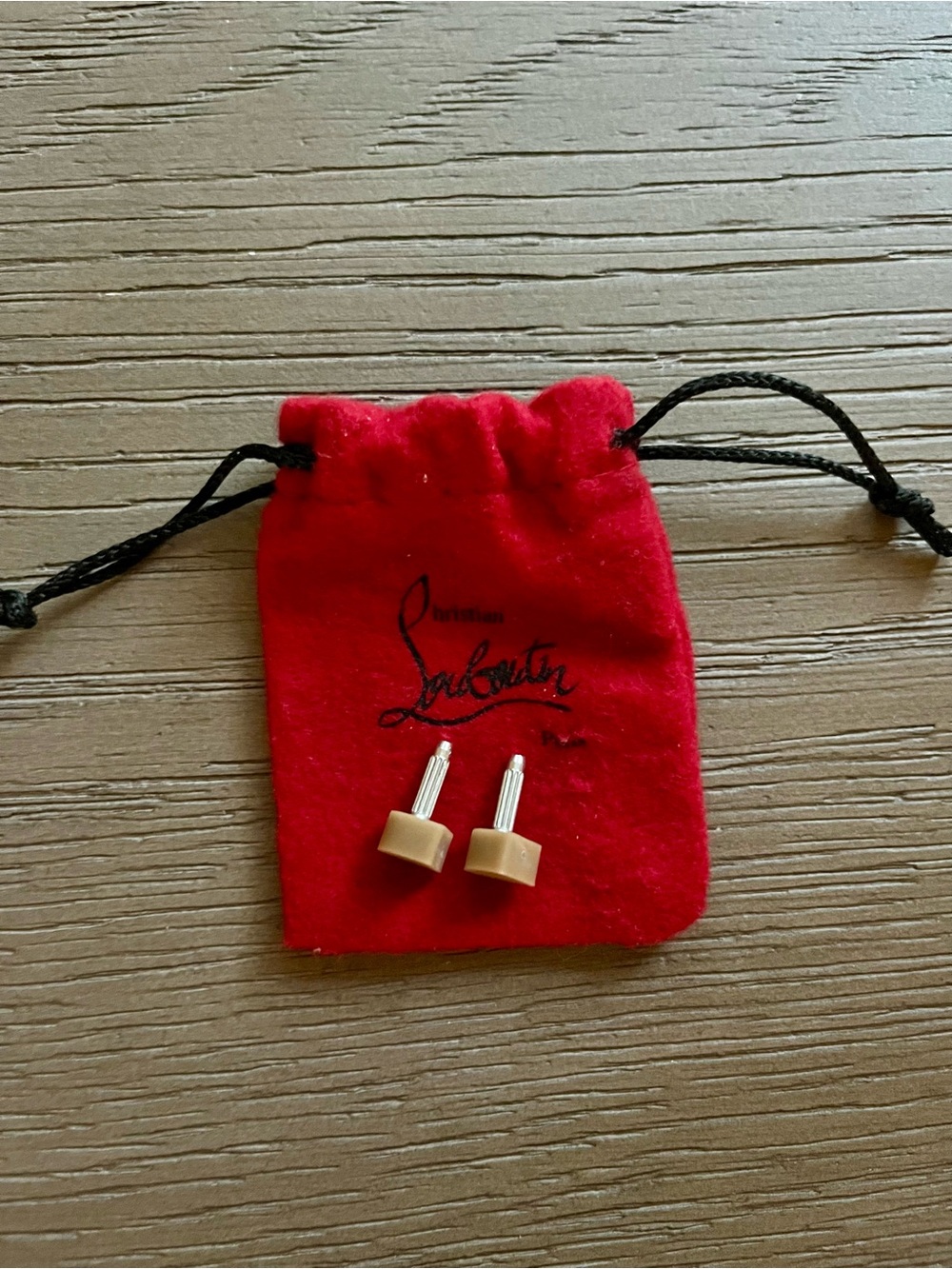 Christian Louboutin Red Velvet Drawstring Pouch with Beige Heel Tap Caps